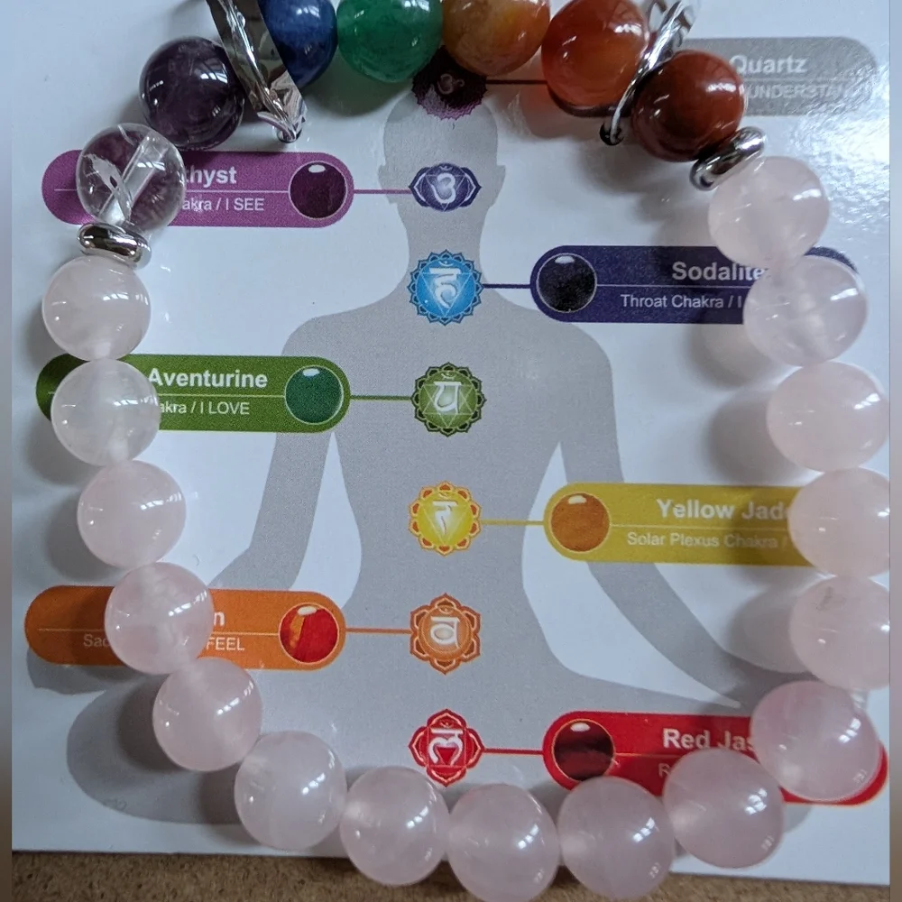 Chakra Healing Bracelet with Rose Quartz and Multicolor Beads